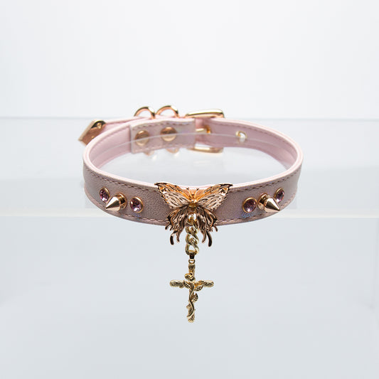 Leather choker | Butterfly cross pendant | Rhinestones Rivet Design